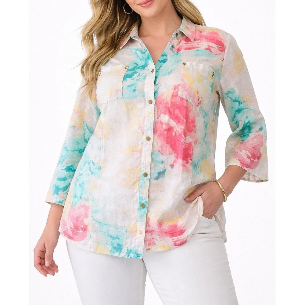JM Collection Women's Blouse Tunic 20W Linen Floral 3/4 Sleeve Pockets Resort